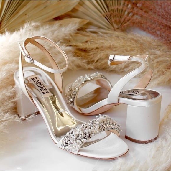 Badgley Mischka Clara Embellished Strap Evening Shoe - white satin - Picture 1 of 15